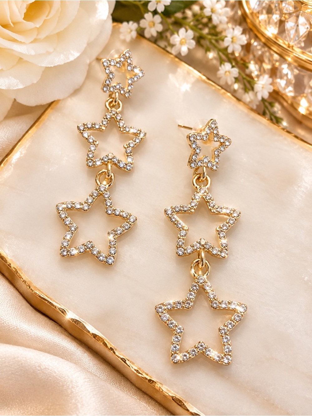 Gold Star Drop Earrings with Clear Crystals